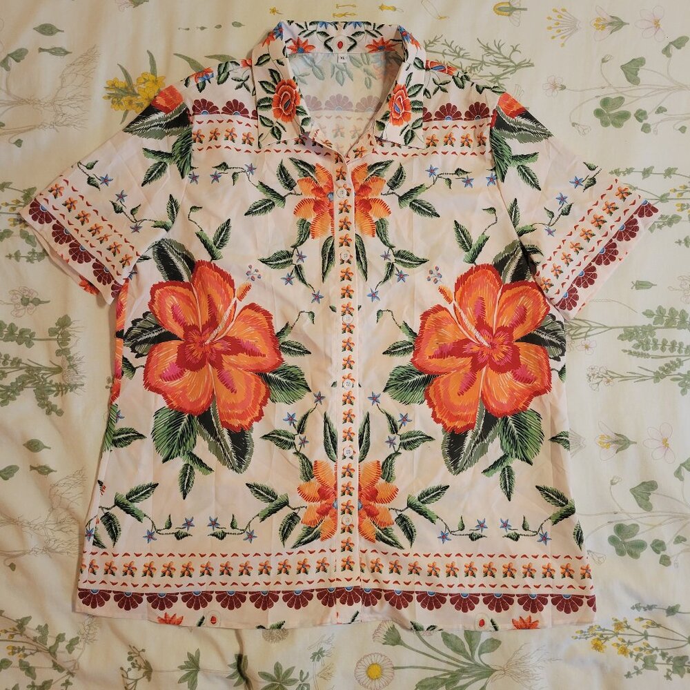Tropical Floral Hawaiian Button Down Shirt Apricot XL